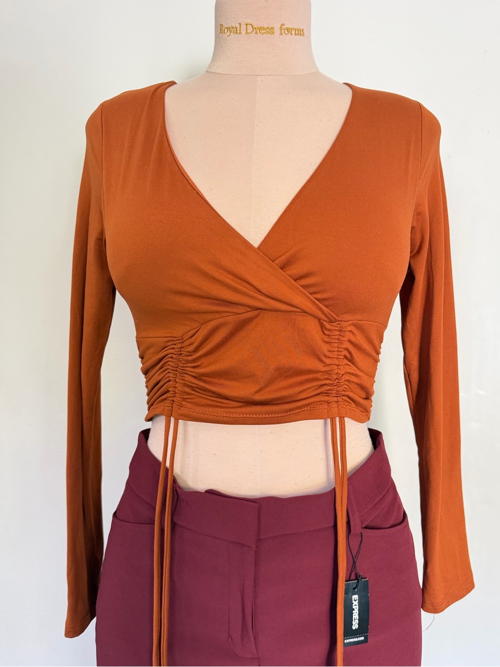 Tresses Double layered Rust Orange Ruched Wrap Crop Top - Medium